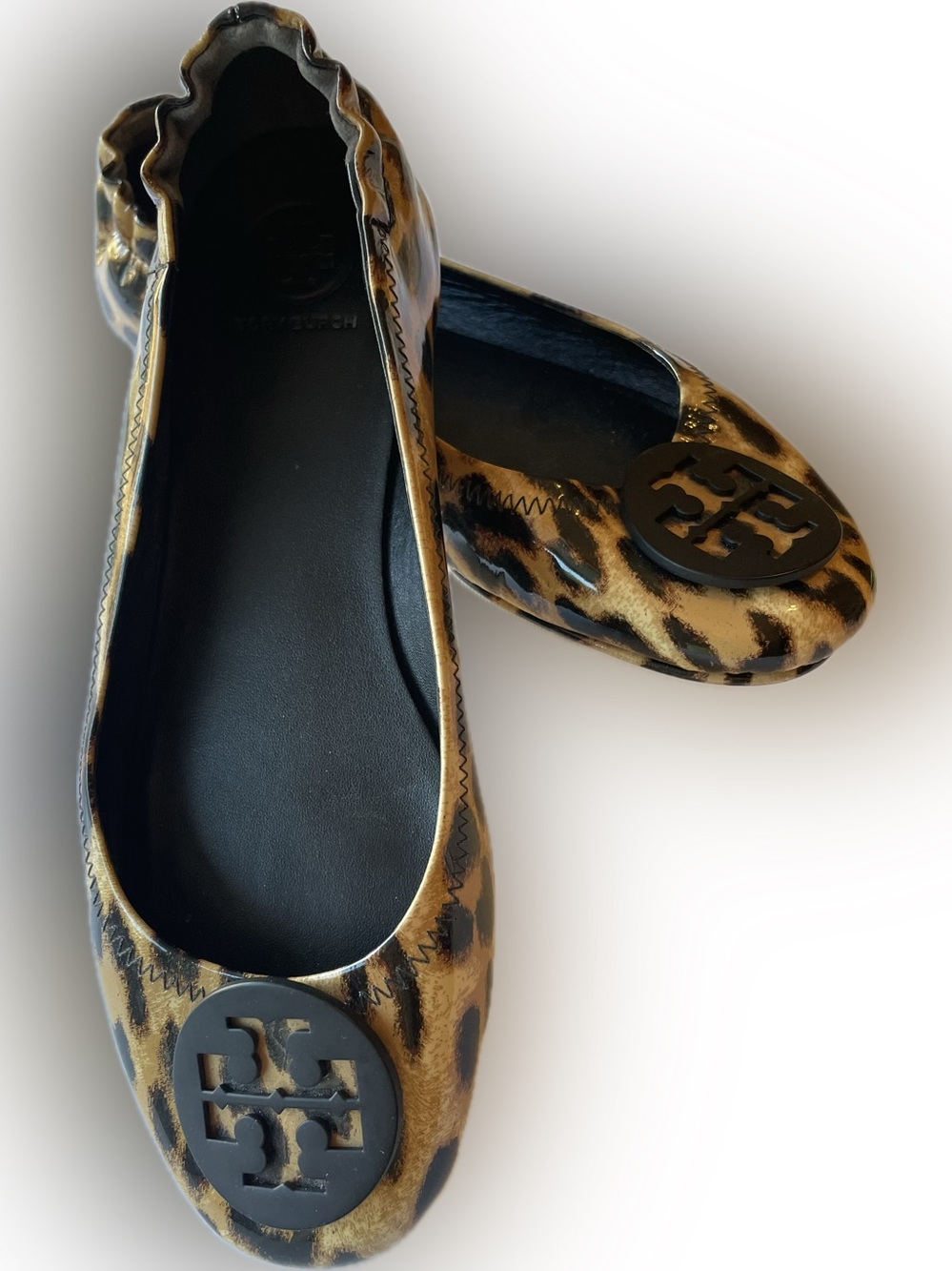 Tory Burch Leopard-Print Reva Ballet Flats - Black & Brown Patent Leather Sz 8